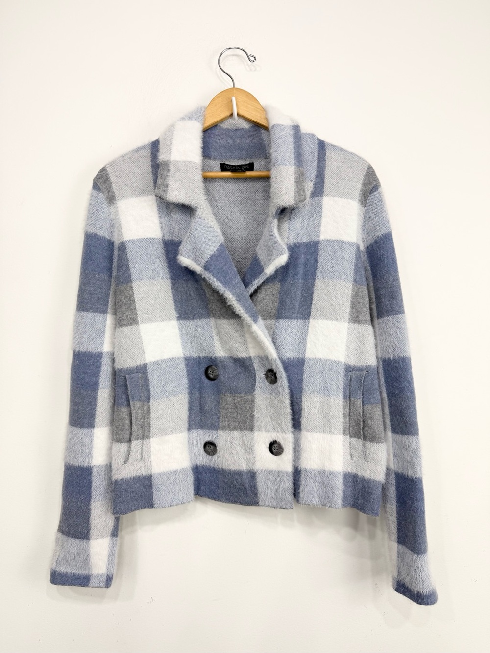 Rachel Zoe Blue Gray Plaid Fuzzy Knit Double Breasted Crop Sweater Blazer Jacket